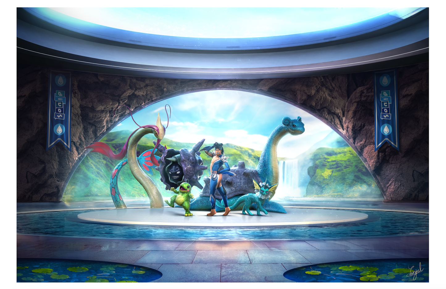 Water Type Gym Leader DIVOS - (Full Scene) 11x17 Art Print